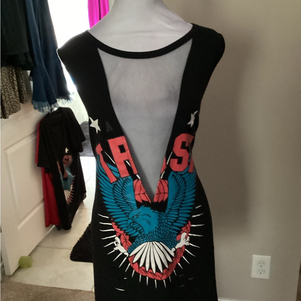 Black Backless Graphic Tank Dress with Bold Eagle Print